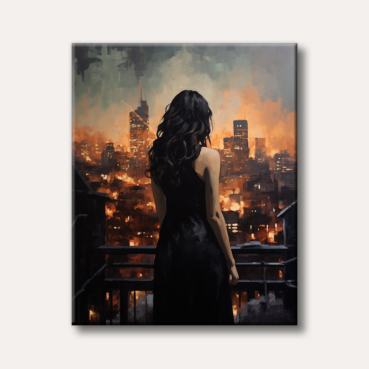 A woman with long dark hair, seen from behind, stands on a dark balcony overlooking a vibrant city skyline illuminated by warm orange and yellow light, rendered in a painterly style.