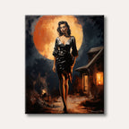 A mysterious woman in a black dress walks before a large, glowing orange full moon, with a dark house and fiery debris in the foreground, painted in a dramatic, impressionistic style.