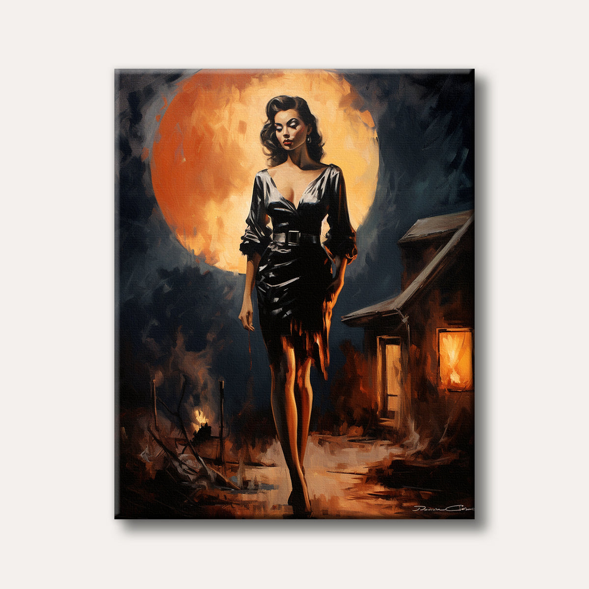 A mysterious woman in a black dress walks before a large, glowing orange full moon, with a dark house and fiery debris in the foreground, painted in a dramatic, impressionistic style.