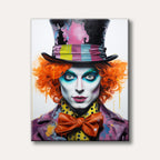 A vibrant, detailed portrait of the Mad Hatter, featuring striking orange hair, bold eye makeup, and a colourful top hat with paint splatters, rendered in a contemporary, pop art style.
