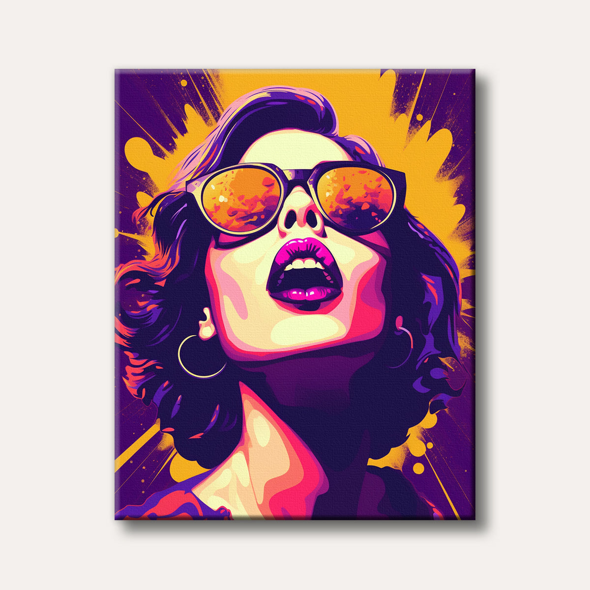 A vibrant pop art style portrait of a woman wearing sunglasses with her mouth open, featuring bold purple, pink, and yellow hues on an energetic background.