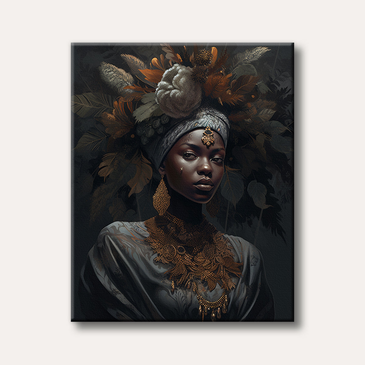 A captivating portrait of a Black woman adorned with intricate golden jewelry and a majestic floral and feather headdress, set against a dark, dramatic background in a detailed, realistic style.