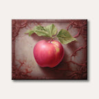 A realistic painting of a vibrant red apple with green leaves, set against a dark, cracked, ornate, and mysterious background, evoking an artistic and slightly gothic mood.