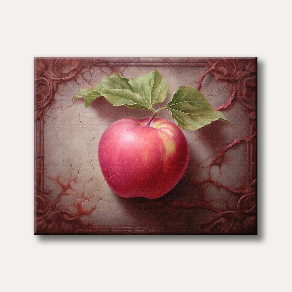 A realistic painting of a vibrant red apple with green leaves, set against a dark, cracked, ornate, and mysterious background, evoking an artistic and slightly gothic mood.