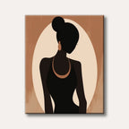 A minimalist digital illustration depicting the dark silhouette of a woman with a bun, wearing a black dress and gold jewelry, set against a warm brown and beige oval background.