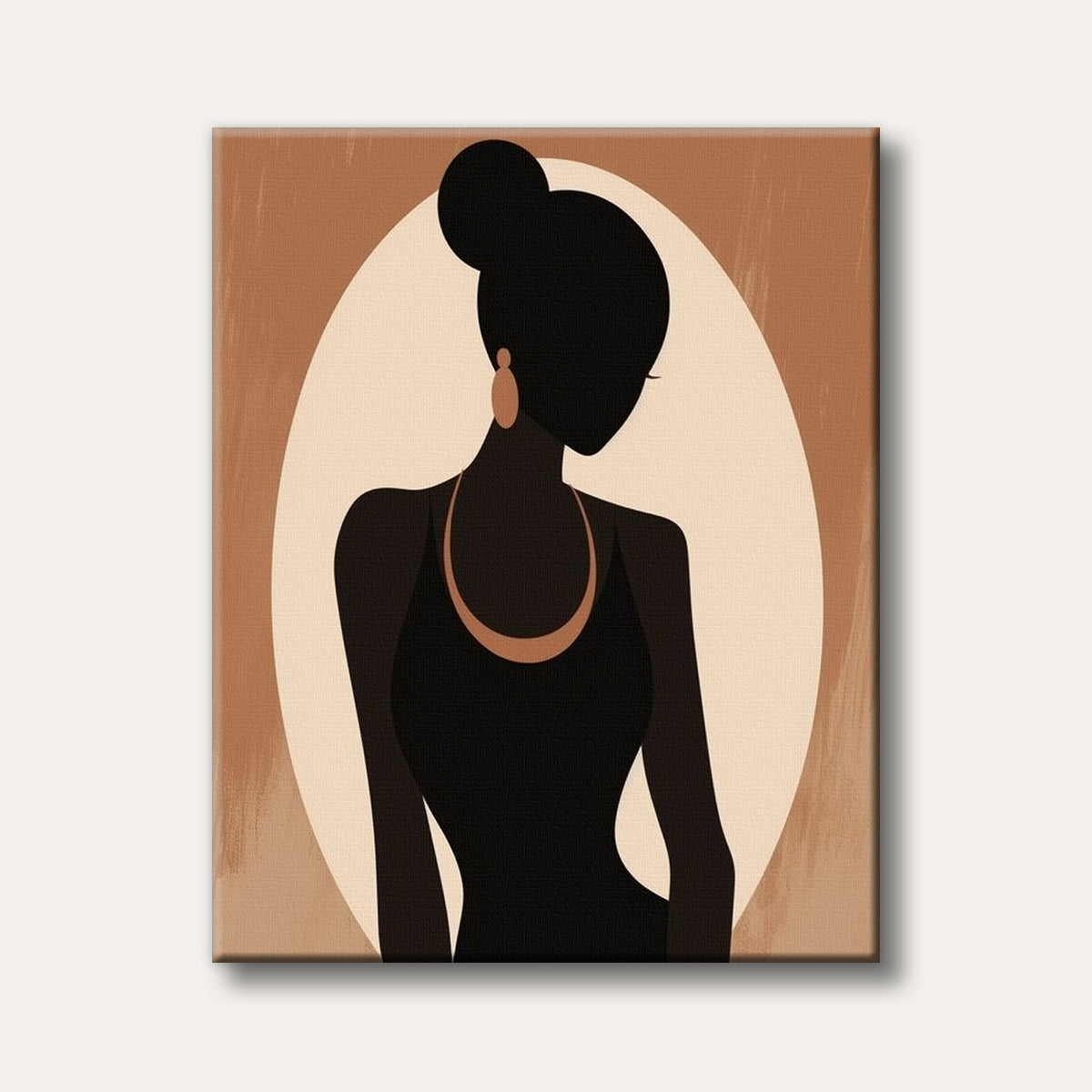 A minimalist digital illustration depicting the dark silhouette of a woman with a bun, wearing a black dress and gold jewelry, set against a warm brown and beige oval background.