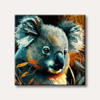 A vibrant and stylized portrait of a koala with teal, grey, and orange abstract markings, set against a dark, warm-toned background, rendered in a modern art style.