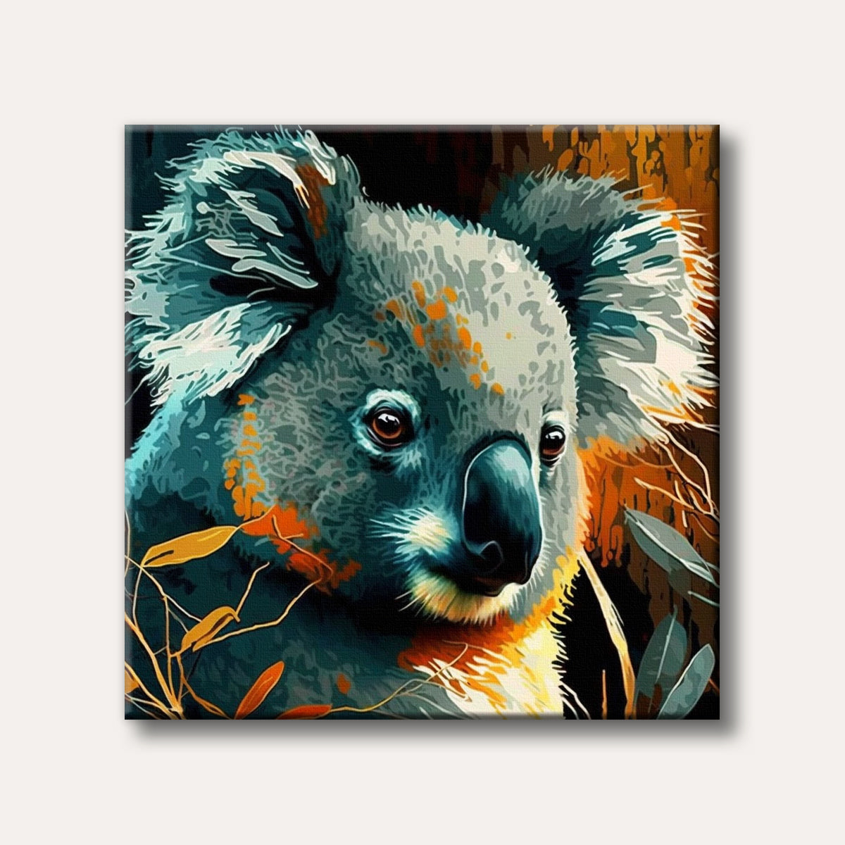 A vibrant and stylized portrait of a koala with teal, grey, and orange abstract markings, set against a dark, warm-toned background, rendered in a modern art style.