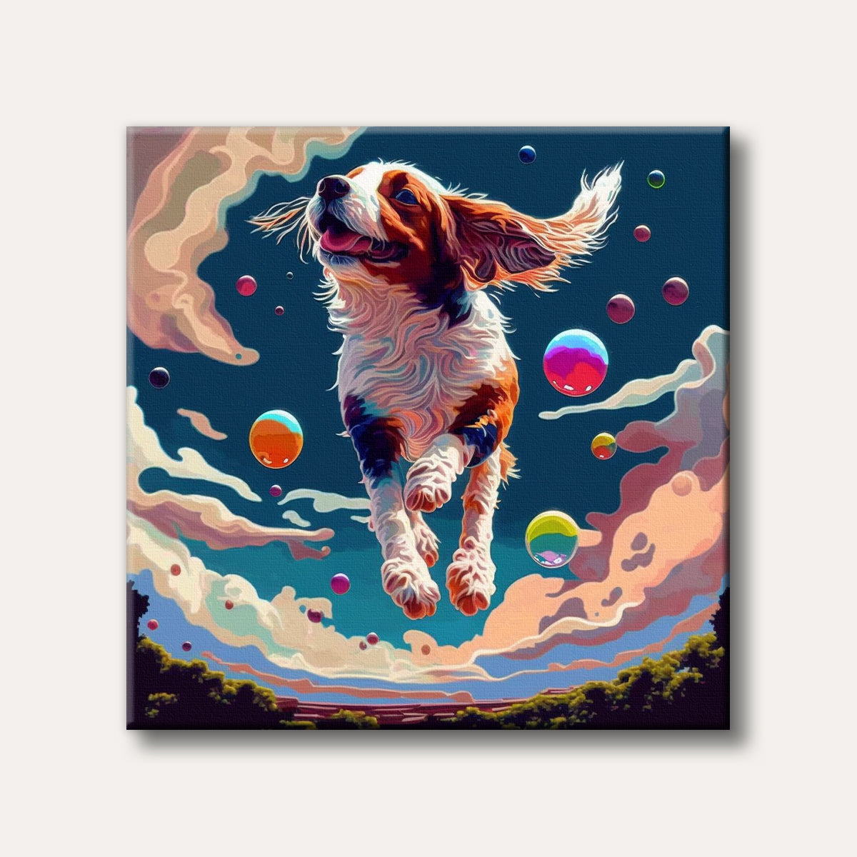 A joyful brown and white dog appears to float or jump in the sky surrounded by colourful bubbles and wispy clouds, rendered in a vibrant, illustrative style.