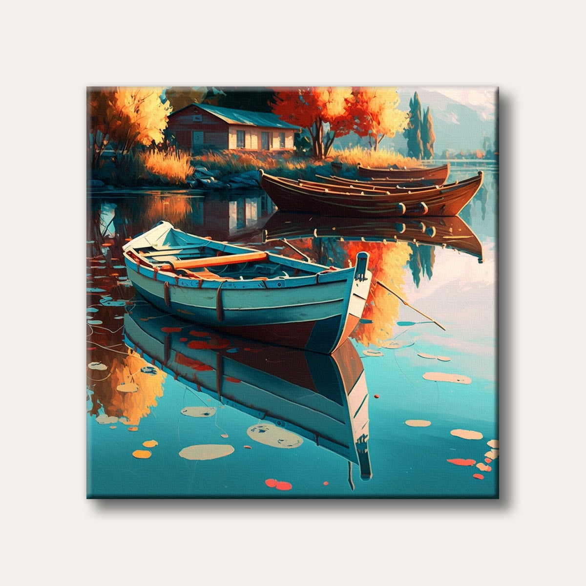 A vivid painting of two boats resting on a calm lake, surrounded by bright orange and red autumn foliage and a distant cabin, rendered in a colourful, illustrative style with strong reflections.