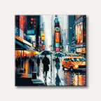 A vibrant, semi-abstract painting of a rainy city street scene at night, with pedestrians under umbrellas and colourful neon lights reflecting on the wet ground.