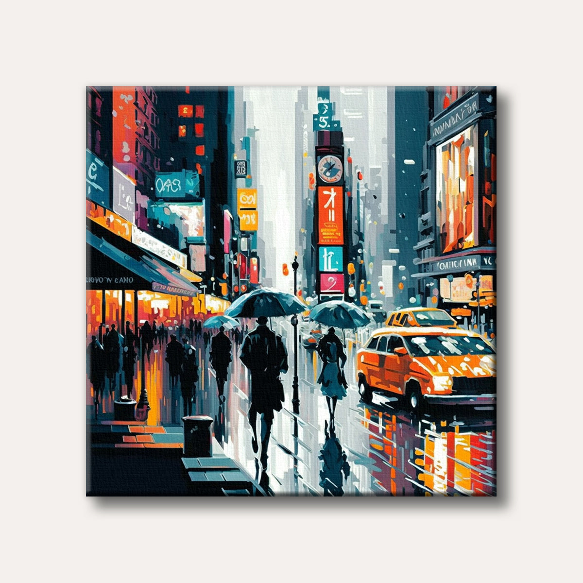 A vibrant, semi-abstract painting of a rainy city street scene at night, with pedestrians under umbrellas and colourful neon lights reflecting on the wet ground.