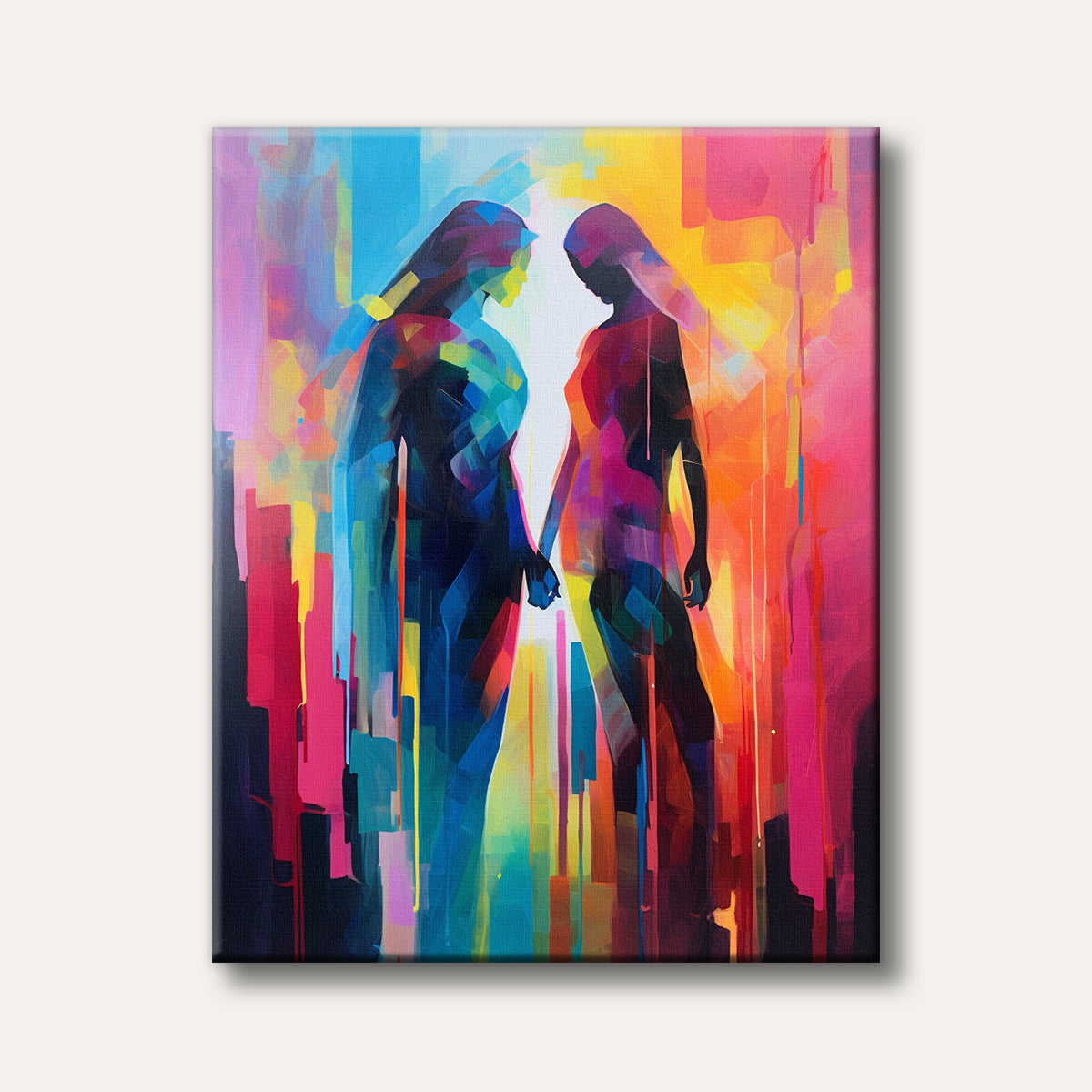 An abstract painting portraying two silhouetted figures holding hands amidst a vibrant, fragmented background of blue, pink, orange, and yellow hues, conveying connection.