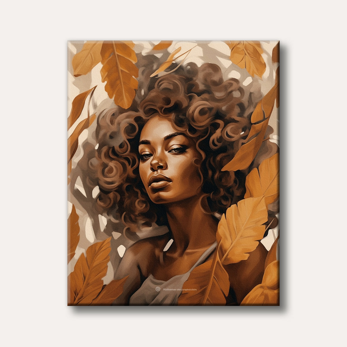 A captivating digital painting of a woman with dark curly hair and warm skin tones, looking directly forward, framed by large, golden-brown autumn leaves.