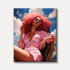 A glamorous woman with bright pink curly hair and sunglasses lounges in a chair against a vivid blue sky with clouds, rendered in a bold, stylized digital painting style.