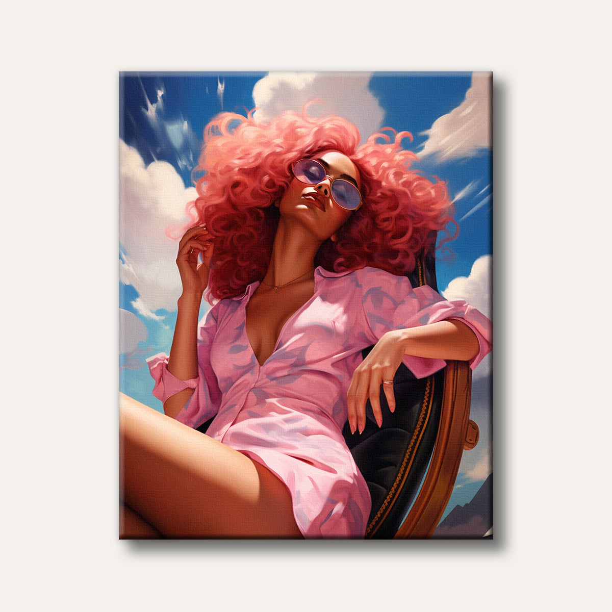 A glamorous woman with bright pink curly hair and sunglasses lounges in a chair against a vivid blue sky with clouds, rendered in a bold, stylized digital painting style.
