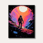 A lone astronaut stands on a vibrant alien planet under a glowing moon-like orb, rendered in a dynamic, neon-outlined graphic novel style.