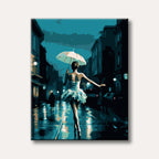 A stylized painting of a ballerina with an umbrella walking on a wet city street at night, depicted in a striking teal and dark blue colour palette.