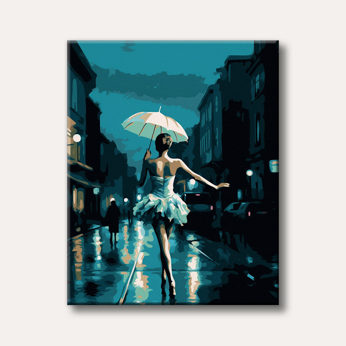 A stylized painting of a ballerina with an umbrella walking on a wet city street at night, depicted in a striking teal and dark blue colour palette.
