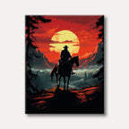A silhouetted cowboy rides a horse on a hilltop overlooking a valley at sunset, depicted in a dramatic, graphic style with strong red and black contrasts.
