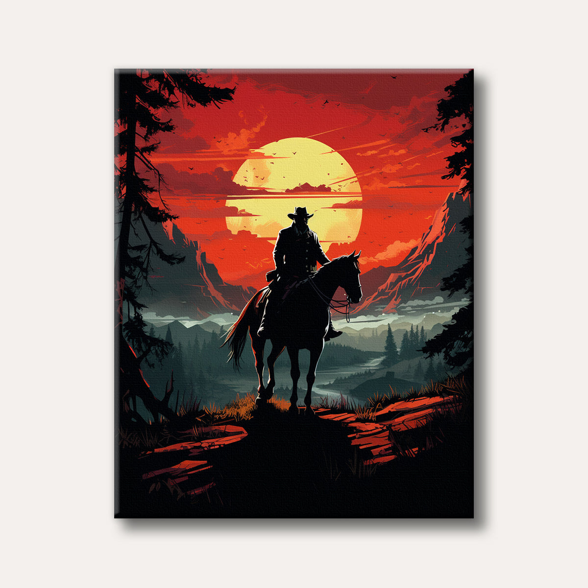 A silhouetted cowboy rides a horse on a hilltop overlooking a valley at sunset, depicted in a dramatic, graphic style with strong red and black contrasts.