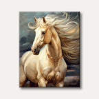 A majestic palomino horse with a flowing golden mane and a delicate golden bridle is painted in a dramatic, expressive style against a dark, stormy sky.
