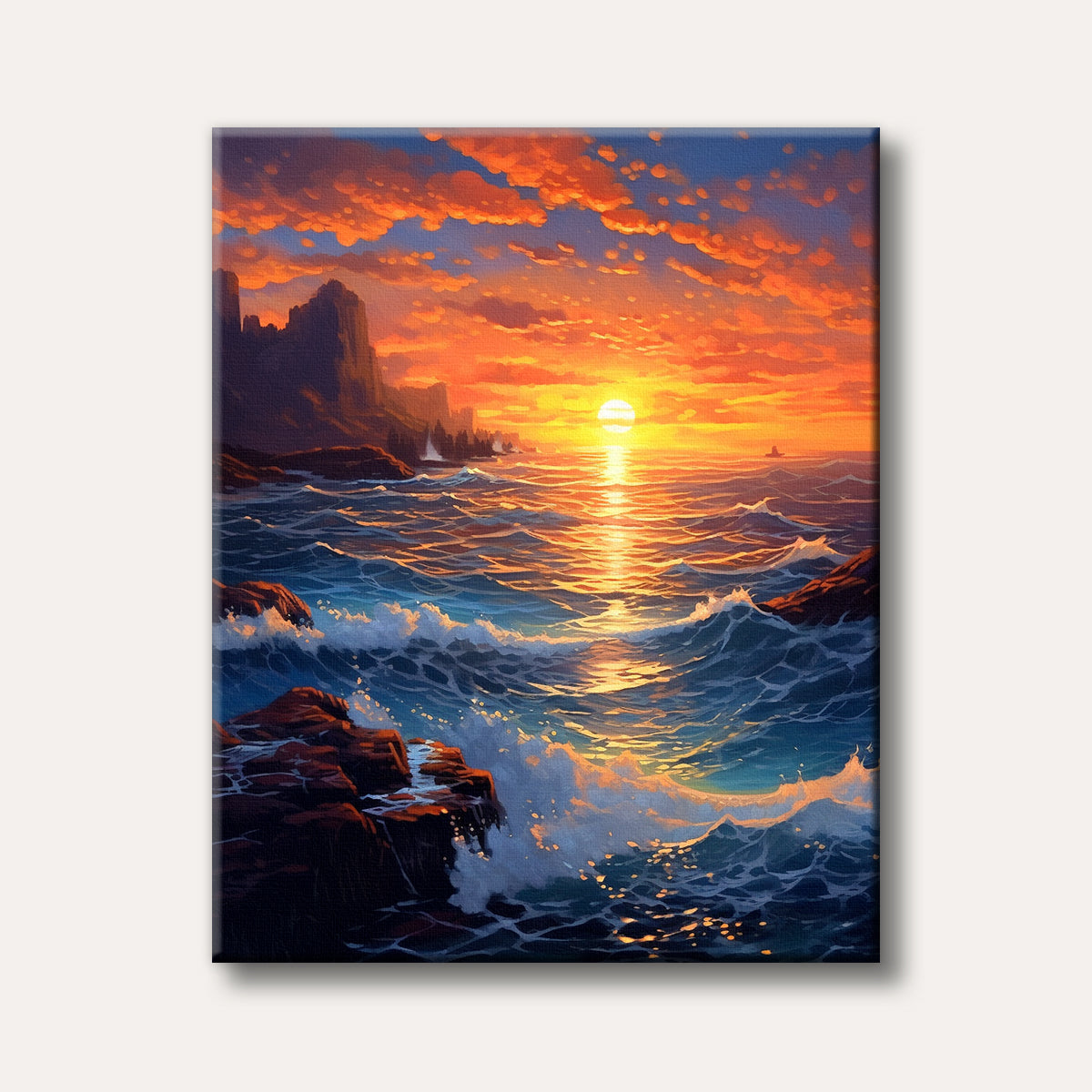 A dramatic painting of a fiery orange and red sunset over a turbulent blue ocean with powerful waves crashing against a dark, rocky coastline.