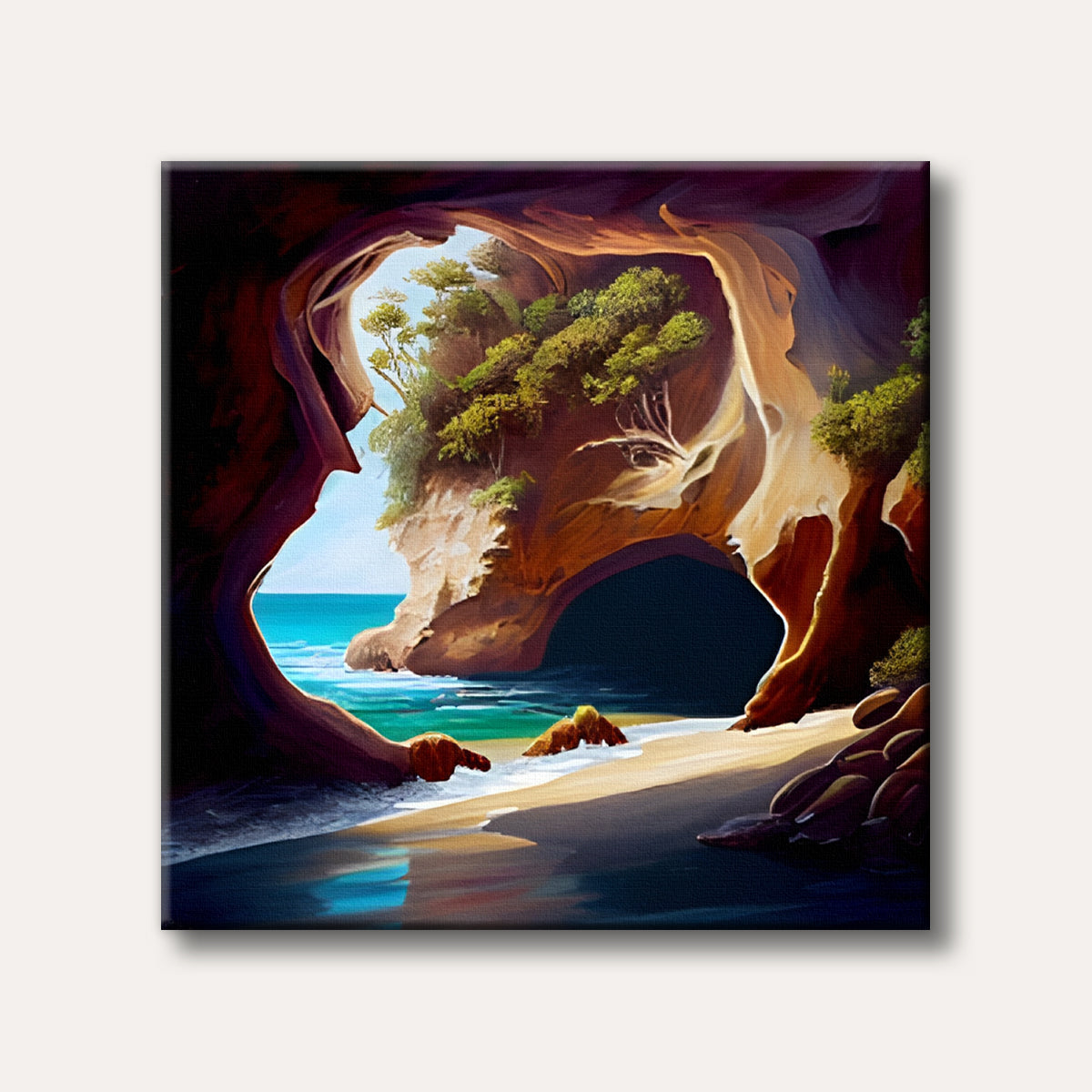 A vibrant painting of a beach inside a large sea cave, looking out to a bright turquoise ocean and a lush green cliff, rendered in a realistic style.