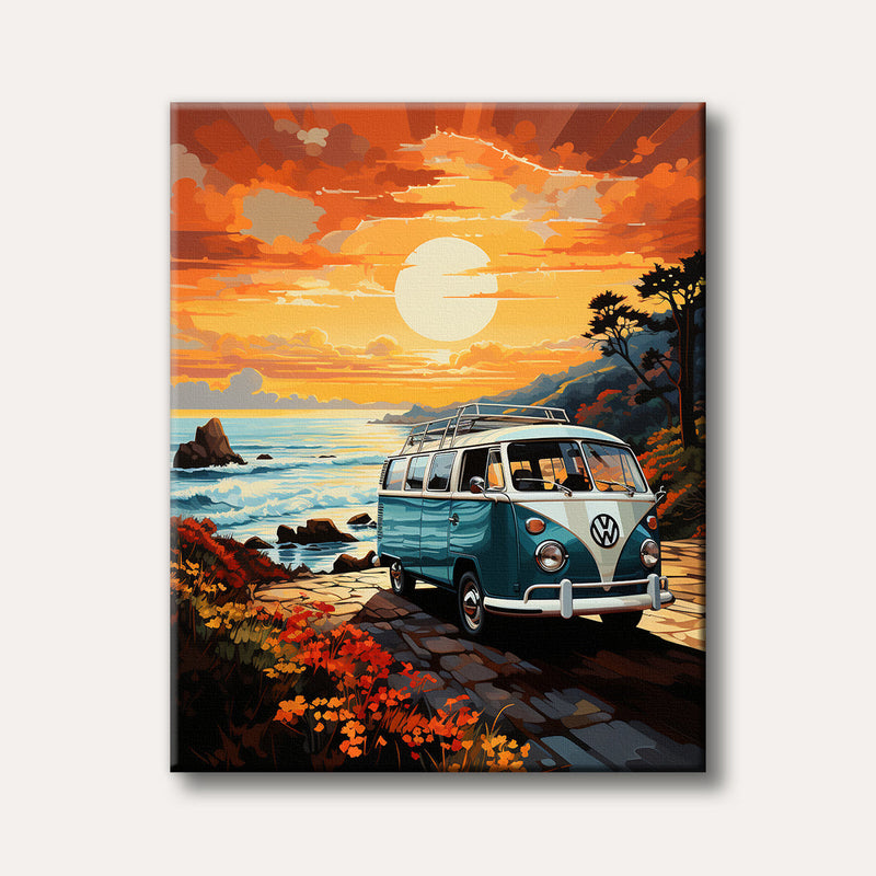A vibrant illustration of a classic blue and white Volkswagen camper van parked on a rocky coastal road at sunset, with a large orange sun setting over the ocean, evoking a nostalgic travel mood.