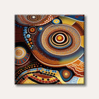A vibrant abstract painting in the style of Aboriginal dot art, featuring concentric circles and flowing patterns of warm and cool colours.