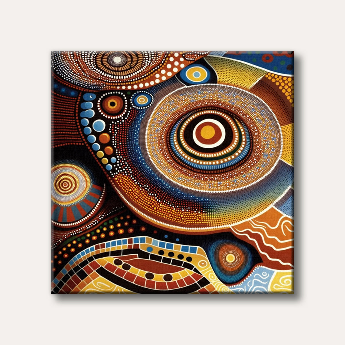 A vibrant abstract painting in the style of Aboriginal dot art, featuring concentric circles and flowing patterns of warm and cool colours.