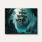 A haunting image of a derelict pirate ship with a giant skull figurehead, sailing through a mystical, misty jungle river in a fantastical art style.