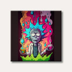 A cartoon-style image of a mad scientist, similar to Rick, with wild blue hair, holding colourful bubbling beakers amidst vibrant, dripping psychedelic patterns, conveying a chaotic and energetic mood.