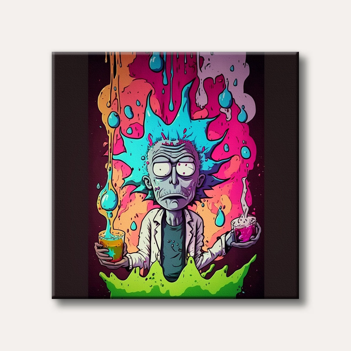 A cartoon-style image of a mad scientist, similar to Rick, with wild blue hair, holding colourful bubbling beakers amidst vibrant, dripping psychedelic patterns, conveying a chaotic and energetic mood.