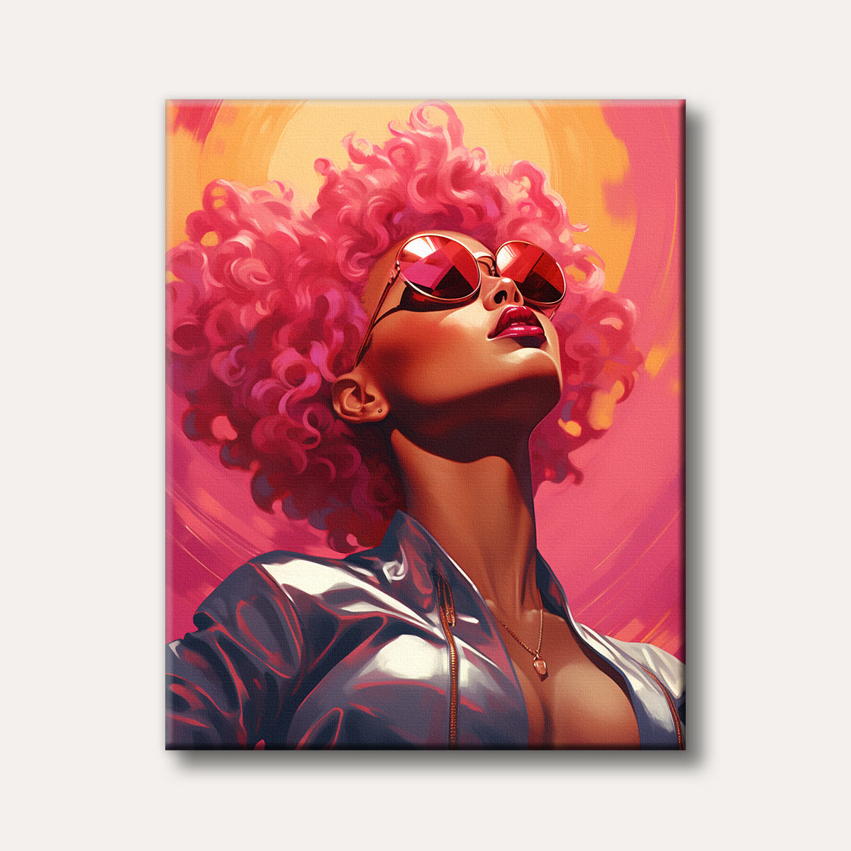 A vibrant pop art portrait of a woman with large pink curly hair and red sunglasses, wearing a metallic silver jacket, looking up with a confident expression.