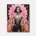 A glamorous woman in Art Deco style, adorned in a sparkling black gown and elaborate jewelry, stands confidently before a large pink fan and a stylized city skyline, exuding an elegant mood.