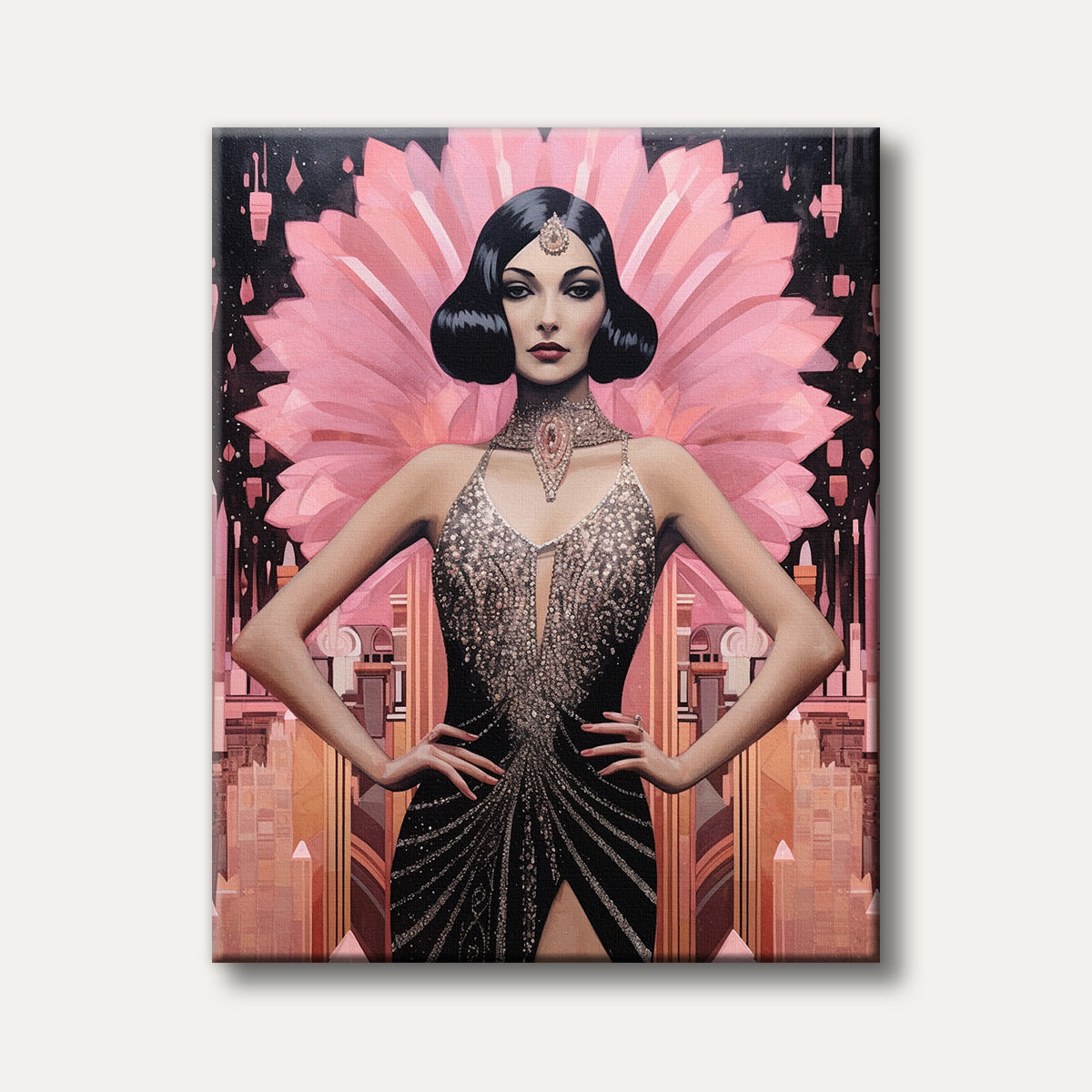 A glamorous woman in Art Deco style, adorned in a sparkling black gown and elaborate jewelry, stands confidently before a large pink fan and a stylized city skyline, exuding an elegant mood.