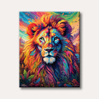 A vibrant abstract painting of a lion's head and mane, rendered in an explosion of bright, multicoloured brushstrokes against a similarly colourful background, exuding an energetic and captivating mood.