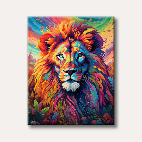 A vibrant abstract painting of a lion's head and mane, rendered in an explosion of bright, multicoloured brushstrokes against a similarly colourful background, exuding an energetic and captivating mood.