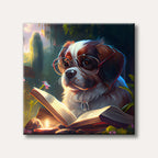 A fluffy brown and white dog wearing glasses is engrossed in an illuminated open book in a magical, painterly forest setting, evoking a whimsical and cozy mood.