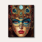 A woman's face adorned with an intricate, gold and teal steampunk-style mask featuring gears, clocks, and lenses, depicted in a highly detailed, fantastical art style.