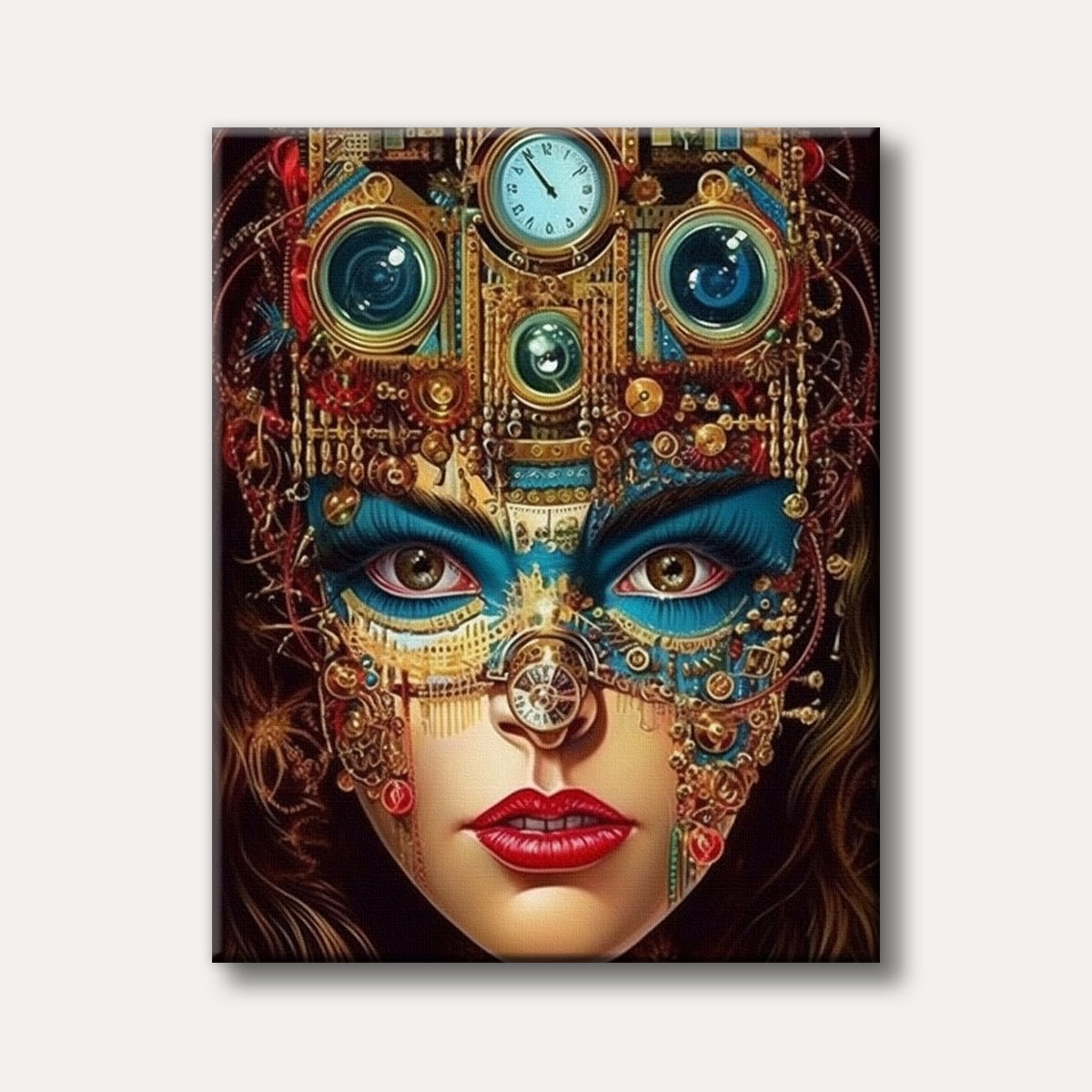 A woman's face adorned with an intricate, gold and teal steampunk-style mask featuring gears, clocks, and lenses, depicted in a highly detailed, fantastical art style.