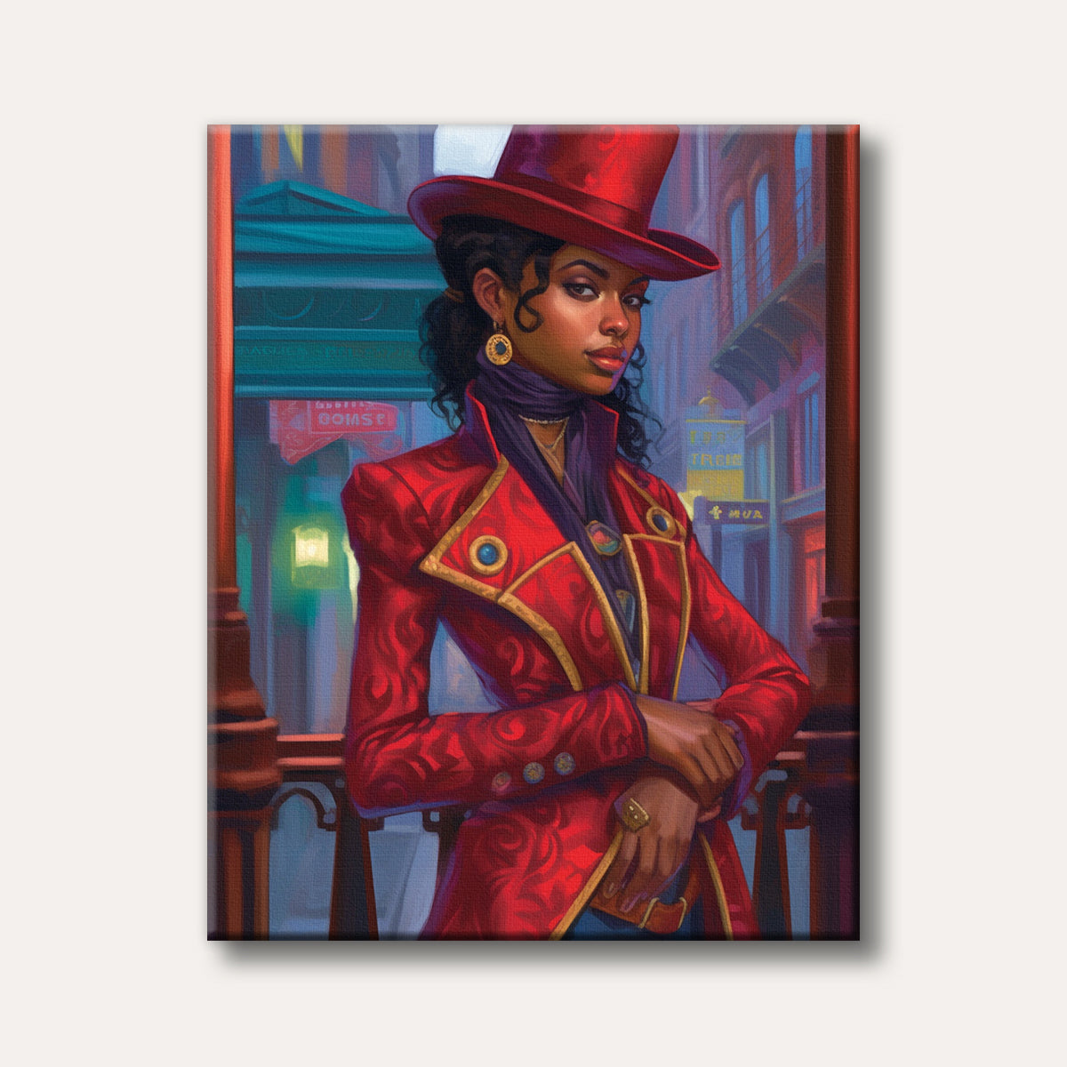 A captivating portrait of a woman with dark skin and curly hair wearing a vibrant red top hat and an ornate red coat, standing against a blurred cityscape, rendered in a detailed and stylish art style.