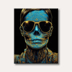 A bold artistic image of a skull-like head adorned with golden filigree patterns on a blue background, wearing sunglasses, set against a black backdrop, in a modern, illustrative style.
