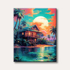 A brightly coloured, stylized painting of a serene tropical scene with a wooden beach house, palm trees, and a large sun reflected in the tranquil turquoise water, rendered with bold colours and clean lines.
