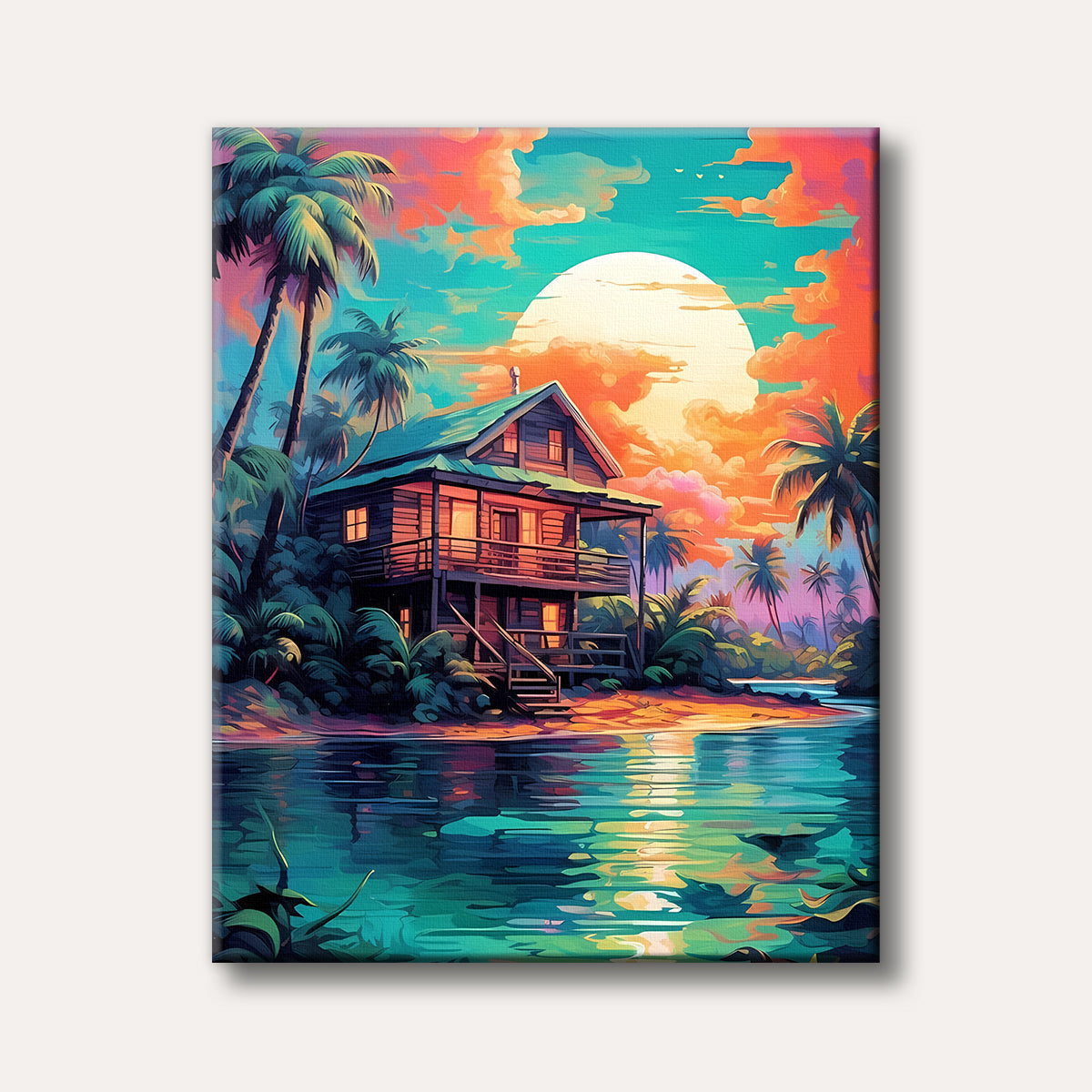A brightly coloured, stylized painting of a serene tropical scene with a wooden beach house, palm trees, and a large sun reflected in the tranquil turquoise water, rendered with bold colours and clean lines.