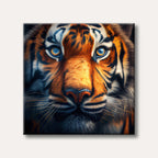 A close-up, hyper-realistic digital painting of a tiger's face, featuring vibrant orange fur, dark stripes, and striking electric blue eyes, conveying an intense gaze.