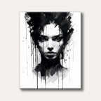A striking black and white abstract portrait of a woman's face, featuring bold brushstrokes and ink drips for a dramatic, moody effect.