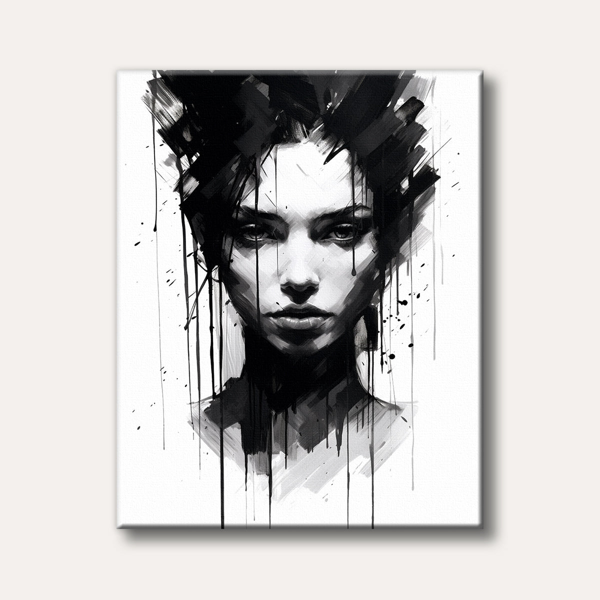 A striking black and white abstract portrait of a woman's face, featuring bold brushstrokes and ink drips for a dramatic, moody effect.