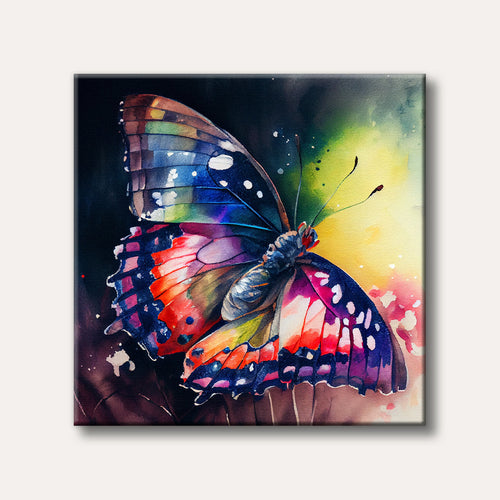 A colourful butterfly with wings painted in vibrant hues of red, blue, purple, and orange, set against a soft, bright yellow and green backdrop.